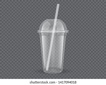 Empty transparent plastic cup with straw on dark background vector mock up