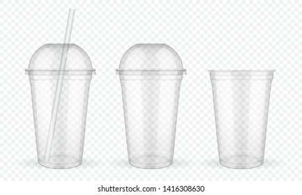 Empty transparent plastic cups with straw on white background vector mock up