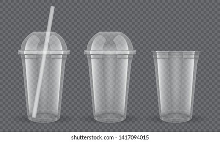 Empty transparent plastic cups with straw on dark background vector mock up svg