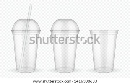 Empty transparent plastic cups with straw on white background vector mock up