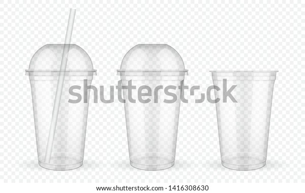 Empty transparent plastic cups with straw on white\
background vector mock\
up