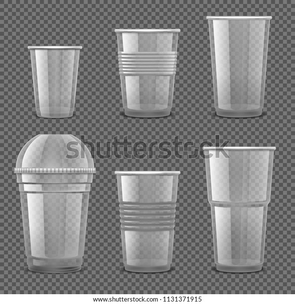 Empty transparent plastic\
disposable cups. Takeaway drink containers isolated vector set.\
Illustration of plastic container, disposable transparent for\
drink