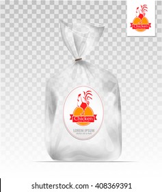  Empty Transparent plastic gift bag with logo chicken. Logo design template. Company logo design.