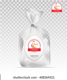  Empty Transparent plastic gift bag with logo chicken. Logo design template. Company logo design.