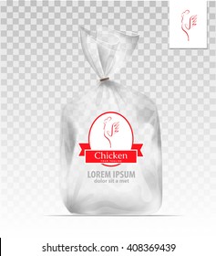  Empty Transparent plastic gift bag with logo chicken. Logo design template. Company logo design.
