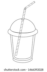 Empty transparent plastic glass with a lid and a drinking straw. Disposable plastic tableware. Glass - vector linear image. outline