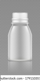 Leeres transparentes Plastikglas verstaut. Verpackungsdesign. Blank Sport oder diätetische Ernährung, Gesundheitsversorgung oder Arzneimittel Flasche Vorlage. 3D-realistische Vektorgrafik