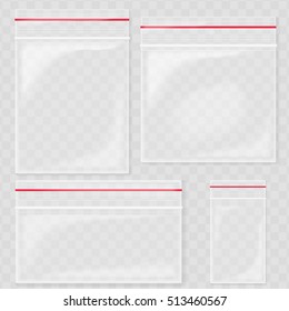 Empty Transparent Plastic Pocket Bags. Blank vacuum zipper bag. polythene container set on the transperant background