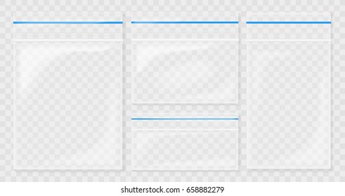 Empty Transparent Plastic Pocket Bags. Blank vacuum zipper bag. polythene container set on the transperant background.