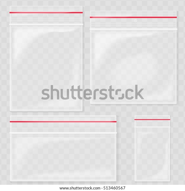 Empty
Transparent Plastic Pocket Bags. Blank vacuum zipper bag. polythene
container set on the transperant
background