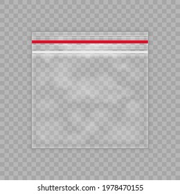 Empty transparent plastic zipper bags.Realistic pillow package for food. White blank slim and fat pouch. Stock vector illustration on transparent isolated background.
