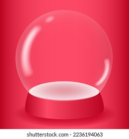 Nieve transparente vacía en 3D sobre un fondo rojo. Podio blanco bajo una cúpula de vidrio para la promoción de productos. Elemento de diseño para las vacaciones de invierno. Ilustración vectorial.