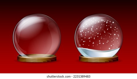 Empty transparent Snow globe and Glass Globe with christmas white snow and falling snowflakes on red background. Magic crystal xmas snowglobe template.