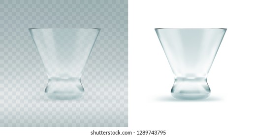 Empty transparent triangular glass for cosmopolitan cocktail, vermouth or drinking shots at the bar. Realistic 3d vector illustration of blank glassy stemware