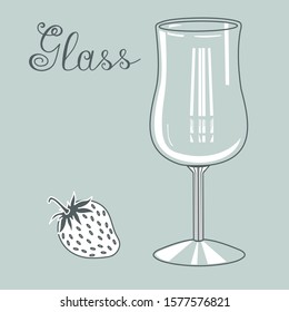 empty transparent wineglass on a high leg in gray tones and strawberry, vector clip art with the inscription Glass