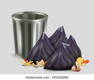 Empty Trash Bin Or Kitchen Garbage Container And Full Plastic Trash Bags, Vector Illustration. Food Garbage, Organic Waste.