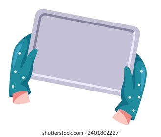 Empty tray in hand arm concept. Vector flat graphic design illustration