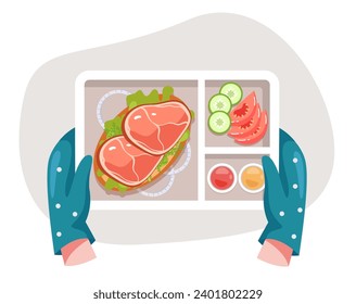 Empty tray in hand arm concept. Vector flat graphic design illustration