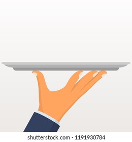 Empty tray in hand. Silver cloche holding waiter. Vector illustration flat design. Isolated on white background. Food serving tray restaurant plate.