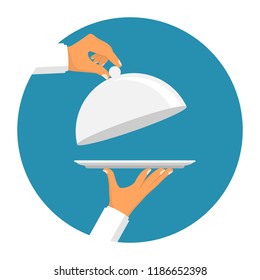 Empty tray with an open lid in the hands of the waiter. Silver cloche holding waiter. Vector illustration flat design. Isolated icon on background. Food serving tray restaurant plate.