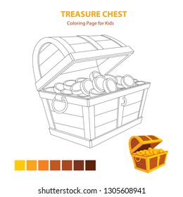 Empty treasure chest with coins inside and open padlock.  
Cartoon style empty opened wooden pirate chests with metal stripes vector illustration.
Treasure chest coloring vector illustration.