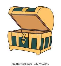 Empty treasure chest colored outline. Hand drawn open empty treasure chest in doodle style isolated on white background. Vector illustration.