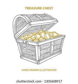 Empty treasure chest with gold coins inside hand drawn vector illustration.
Cartoon style opened wooden pirate chests with metal stripes.