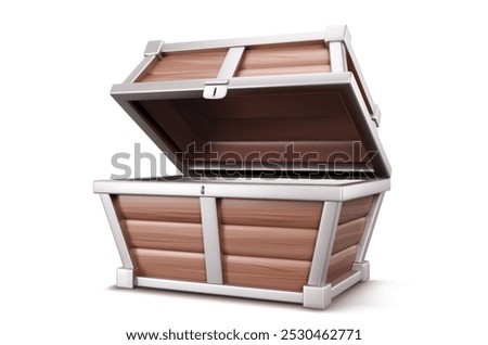 Empty treasure chest isolated on white background. Vector realistic illustration of open wooden and iron crate with unlocked trunk, pirate game asset, antique wealth container for money and gemstones