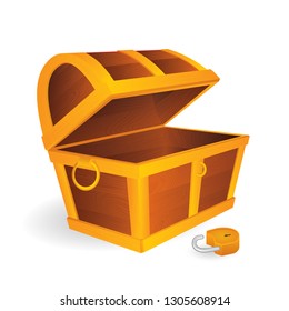 Empty treasure chest with open golden padlock. 
Cartoon style opened wooden pirate chests with gold metal stripes.
Treasure chest vector illustration.