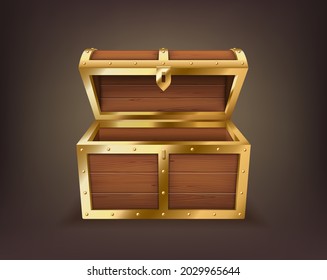 Cofre del tesoro vacío, caja de madera realista, caja abierta aislada. Antiguo baúl para oro o joyería, elemento de diseño de juegos aislado en fondo negro. 3.ª ilustración vectorial