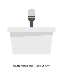 Leere Tribüne, Podium mit Mikrofon, Sprachständer. Vektorgrafik.