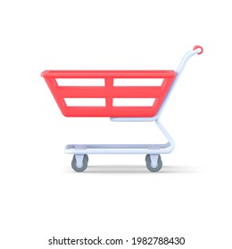 Empty trolley for 3d purchases vector icon. Metallic marketing container wheels with red plastic basket. Creative sales retail symbol in stores and online supermarkets commercial template.