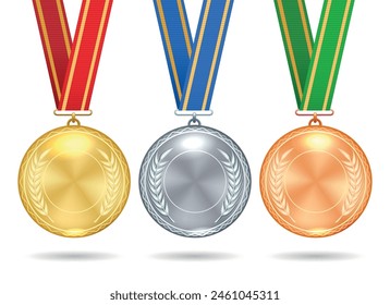 Empty trophy medal templates. Gold silver bronze blank medals competition achievement isolated vector illustration