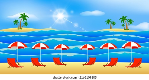 Empty tropical beach with deck chairs and parasols. Vector illustration.