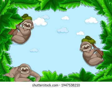 Empty tropical leaves frame banner with sloth cartoon character illustration
