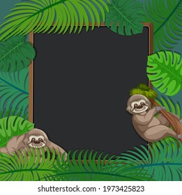 Empty tropical leaves frame banner with sloth cartoon character illustration