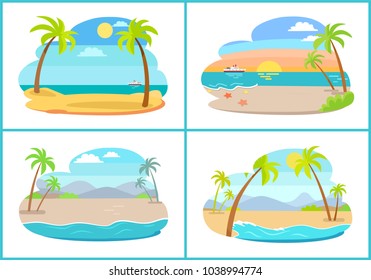 Empty tropical sandy beaches with small palms set. Beach at sea shore at hot exotic country. Natural landscapes with deep ocean vector illustrations.