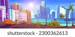 Empty tropical urban embankment, city skyline. Park bench on street near river and downtown building vector landscape. Resort on seaside in town with sun beam light in sky cartoon summer background