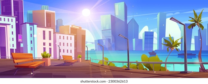 Empty tropical urban embankment, city skyline. Park bench on street near river and downtown building vector landscape. Resort on seaside in town with sun beam light in sky cartoon summer background