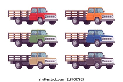 Empty truck in bright colors. Vehicle to transport large amounts of cargo, open car for carrying goods and materials. Vector flat style cartoon illustration isolated on white background
