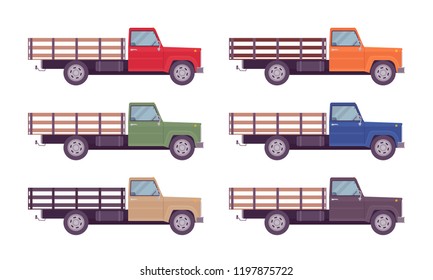 Empty truck in bright colors. Vehicle to transport large amounts of cargo, open car for carrying goods and materials. Vector flat style cartoon illustration isolated on white background, side view