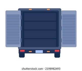 Empty Truck Rear View Side With Open Doors Express Delivering Services By Truck. Vector Illustration.