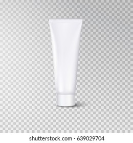Empty tube packaging with plastic cup isolated on transparent background. Vector cosmetic package for cream, gel. White blank container template for cosmetic product design