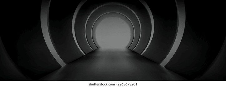 Empty tunnel interior in perspective view. Abstract futuristic architecture, modern gallery hall or corridor black circle walls, vector realistic illustration
