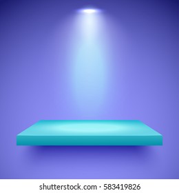 Empty turquoise shelf hanging on a violet wall illuminated by one spotlight. Vector background with boutique showcase or interior decoration. Mockup ready for your design. Vector illustration.