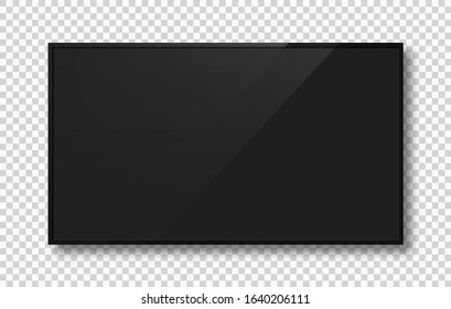 Empty TV screen with black frame. Realistic monitor screen, LCD display mockup with reflection and shadow. Black TV screen isolated on background. Vector