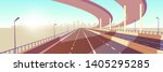 Empty two-lane speed highway, modern freeway with median barrier, overpass or bridge in above going to metropolis on horizon cartoon vector. City transport network infrastructure element illustration