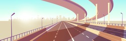 Empty Two-lane Speed Highway, Modern Freeway With Median Barrier, Overpass Or Bridge In Above Going To Metropolis On Horizon Cartoon Vector. City Transport Network Infrastructure Element Illustration