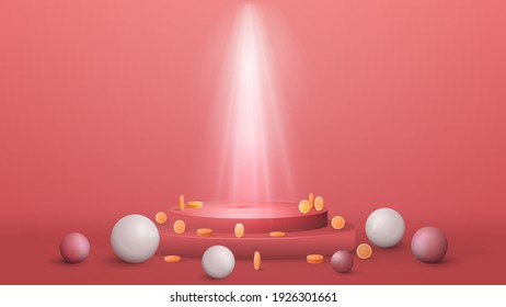 Empty two-level podium with realistic spheres and coins for product presentation, 3d realistic vector render illustration. Podium with lighting of spotlights