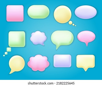 Empty ui balloons. 3d shiny rounded shapes vector chat clouds, speak stickers, disocurs bubbles, cartoon text speaking elements vector illustration